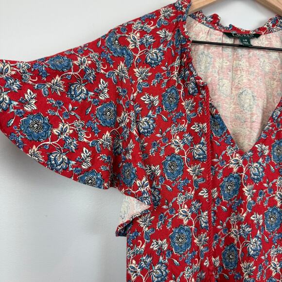 Ralph Lauren Floral Top Womens Large Red Blue Linen Blend Tie-Neck Blouse Bloom - Picture 4 of 8